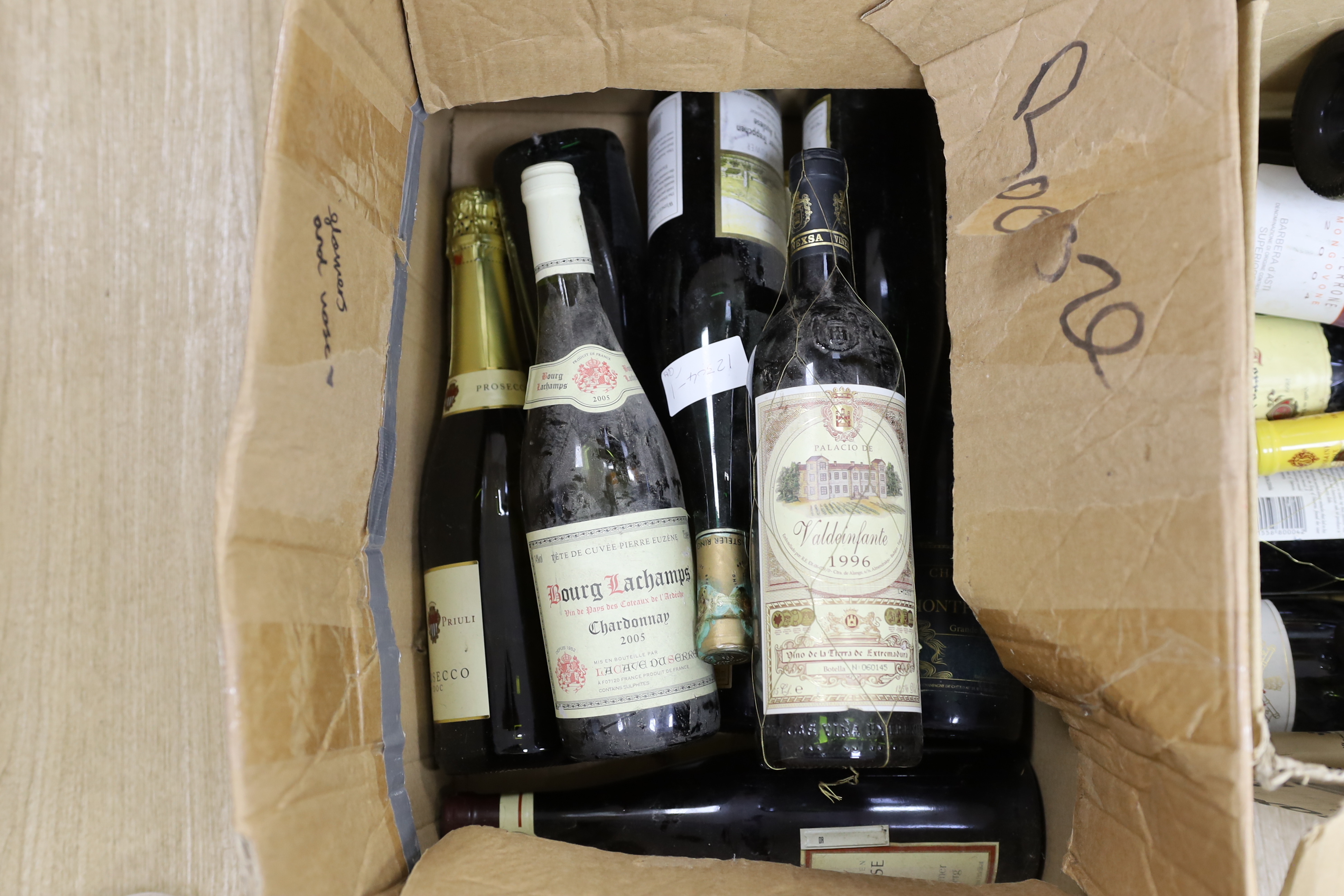 Twenty-one assorted bottles of red and white wine, including Chateauneuf du Pape, Valdeinfante 1996, Bourgeois Lachamps Chardonnay 2005, etc.